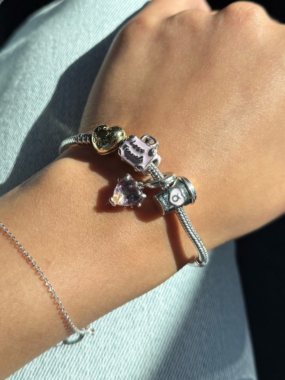 PANDORA Two Toned Charm Bracelet with Pink Charms